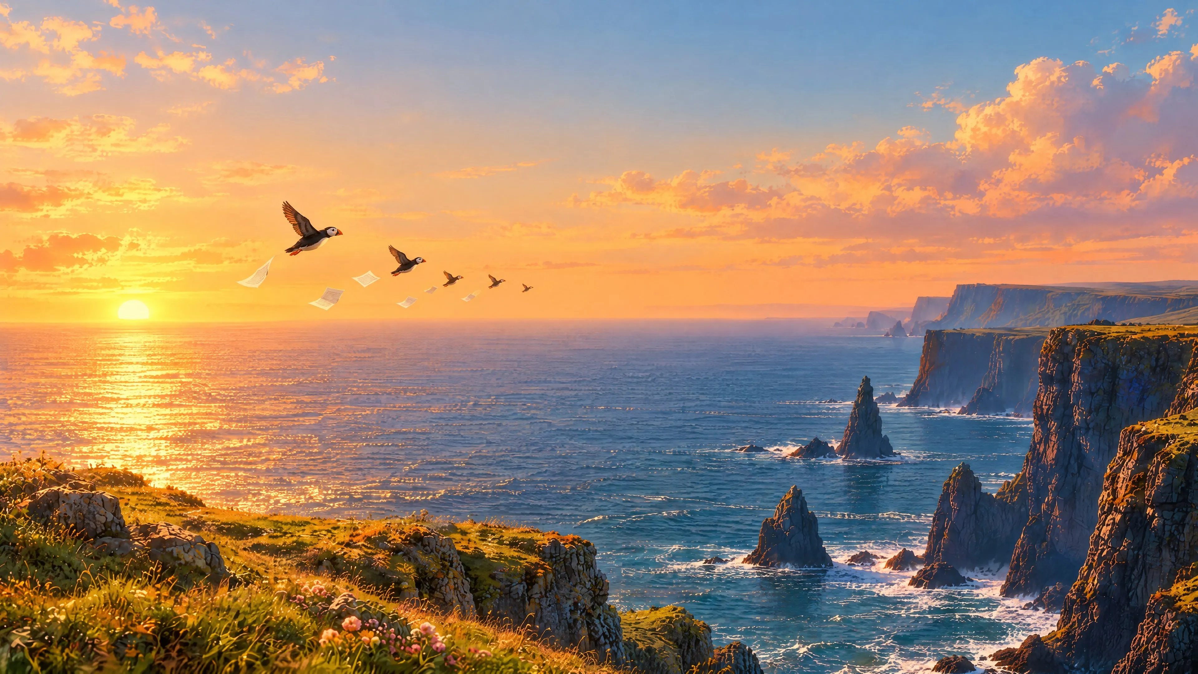 Sunset over the Atlantic: a flock of puffins flies toward the horizon along the cliffs.