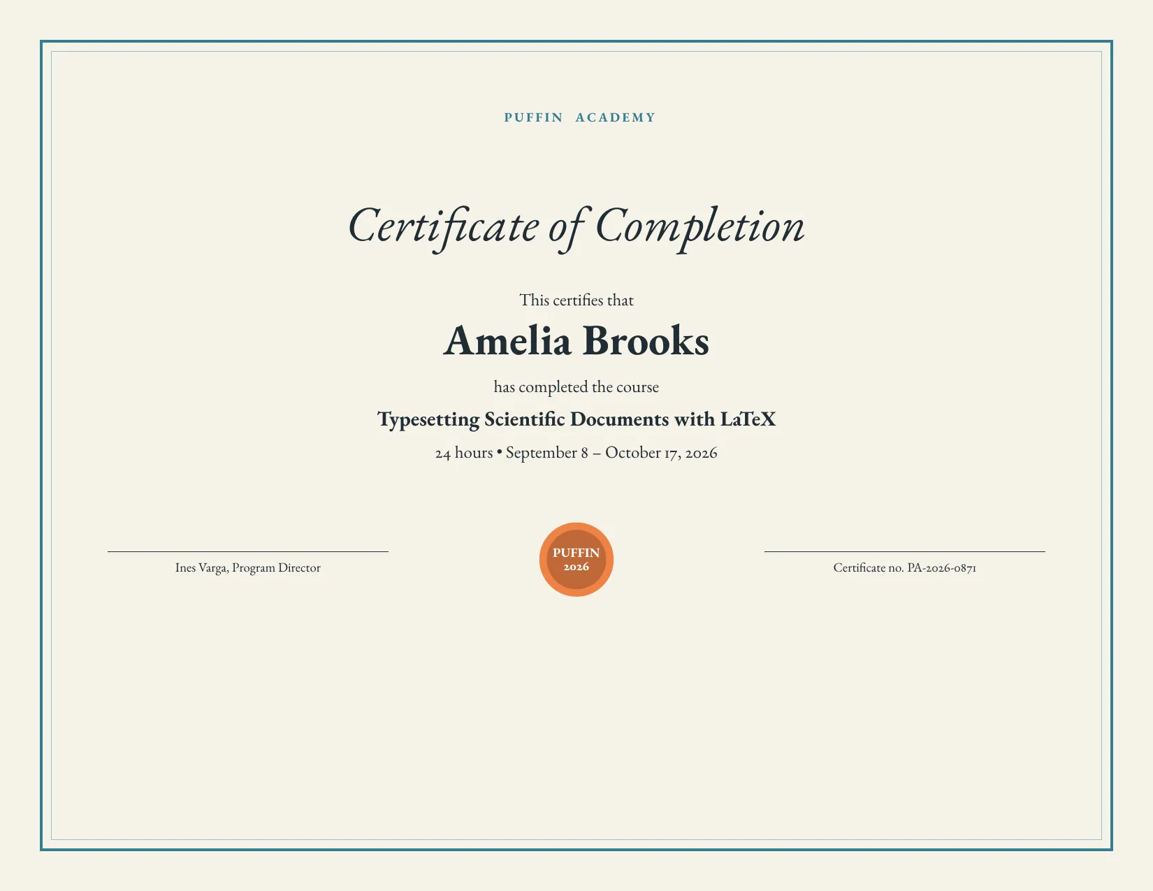 Certificate of Completion from Puffin Academy for Amelia Brooks, course “Typesetting Scientific Documents with LaTeX”, with a seal and signature lines.