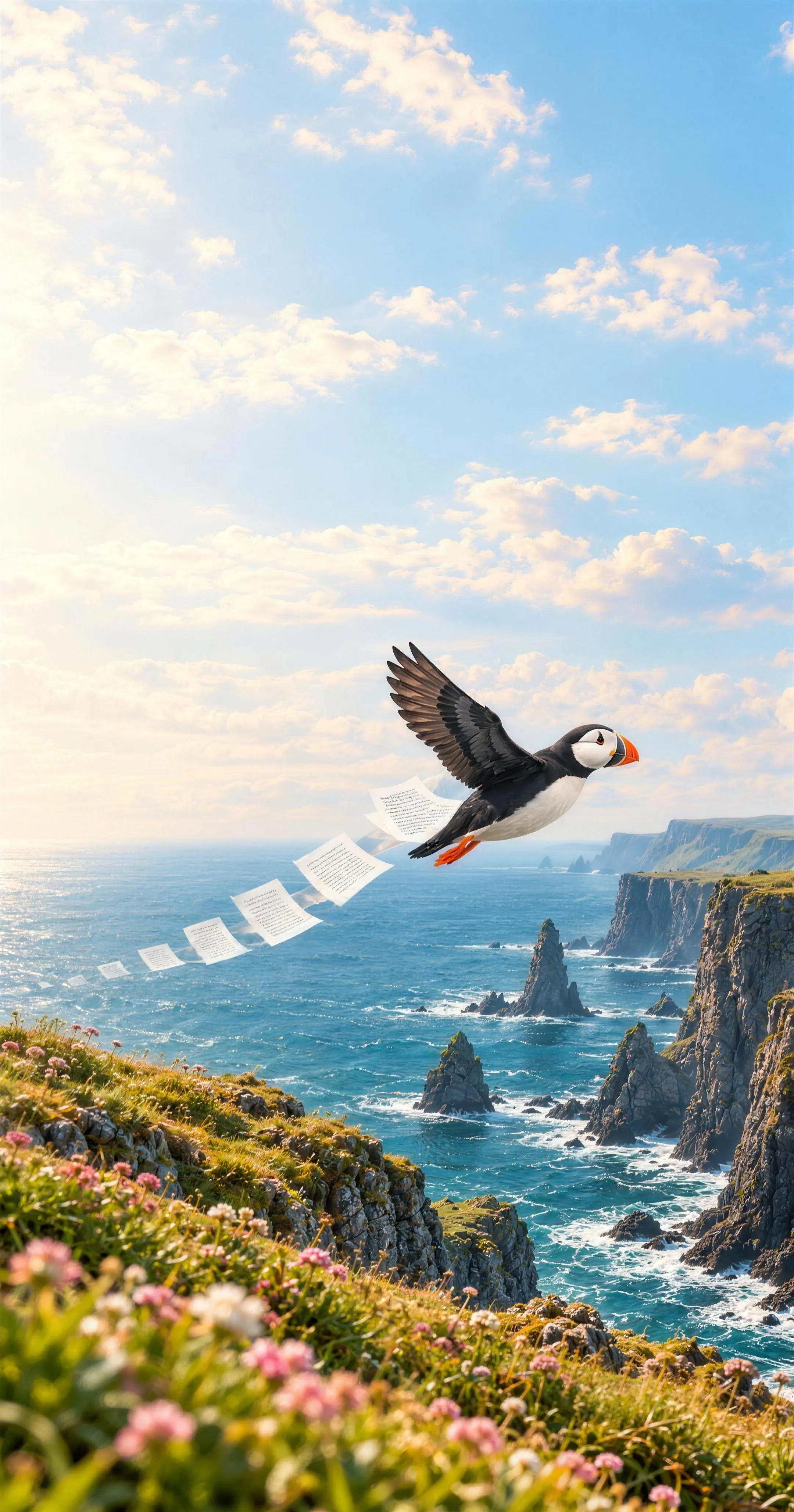 A puffin flies over the sea along the cliffs of Iceland, leaving a trail of printed pages behind it.
